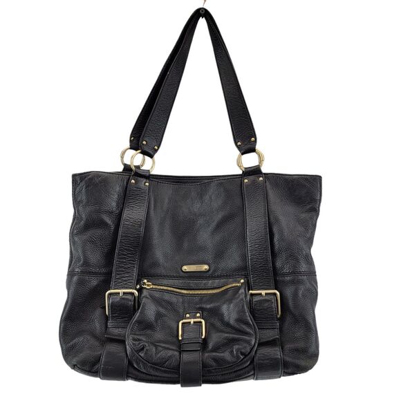 Michael Kors Black Leather Tote Bag Shoulder Bag Gold Tone Hardware 17x12x5.5 - Picture 2 of 14